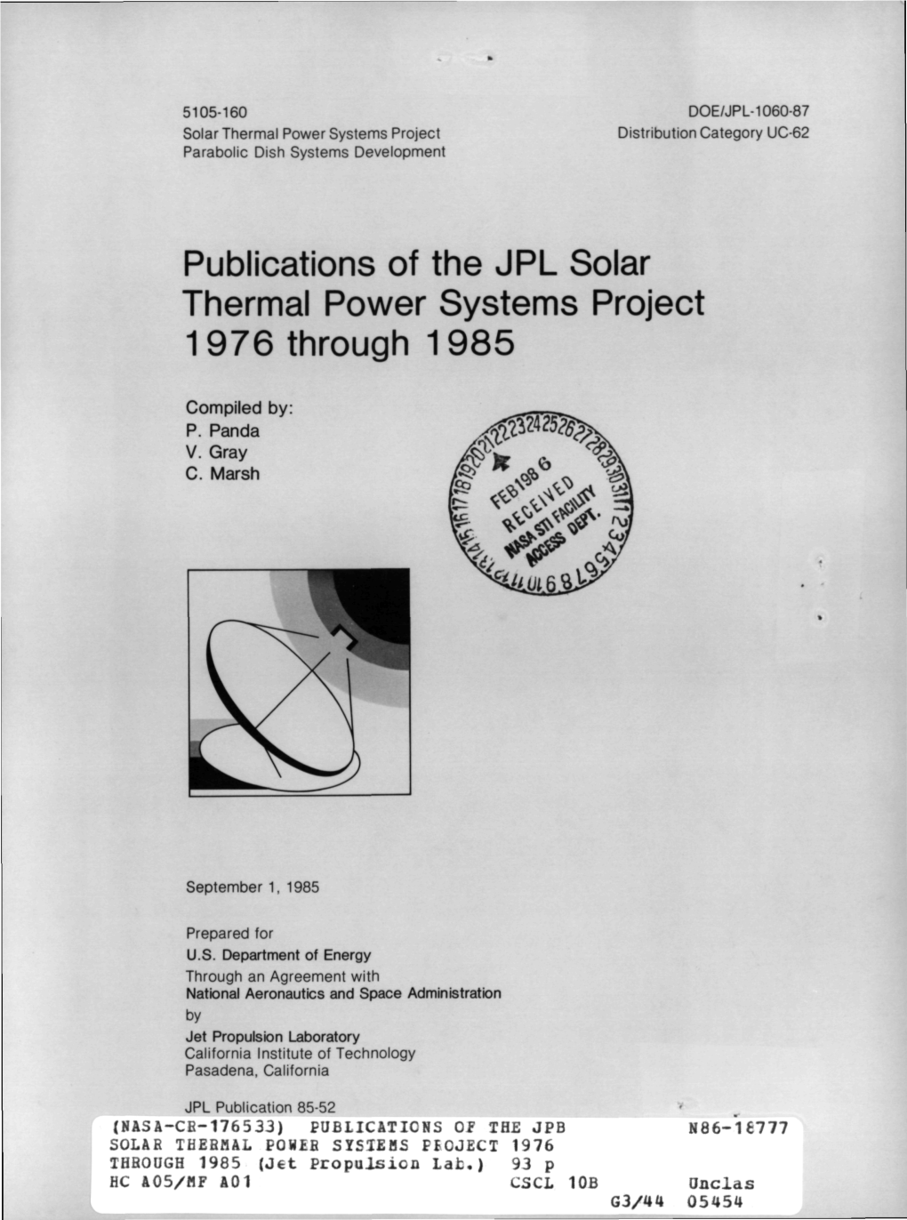 Publications of the JPL Solar Thermal Power Systems Project 1976 Through 1 985