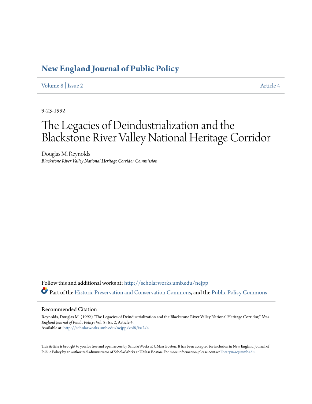 The Legacies of Deindustrialization and the Blackstone River Valley National Heritage Corridor Douglas M