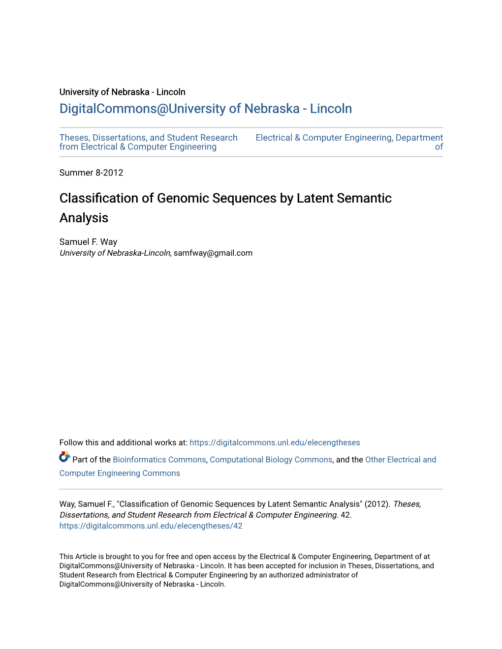 Classification of Genomic Sequences by Latent Semantic Analysis