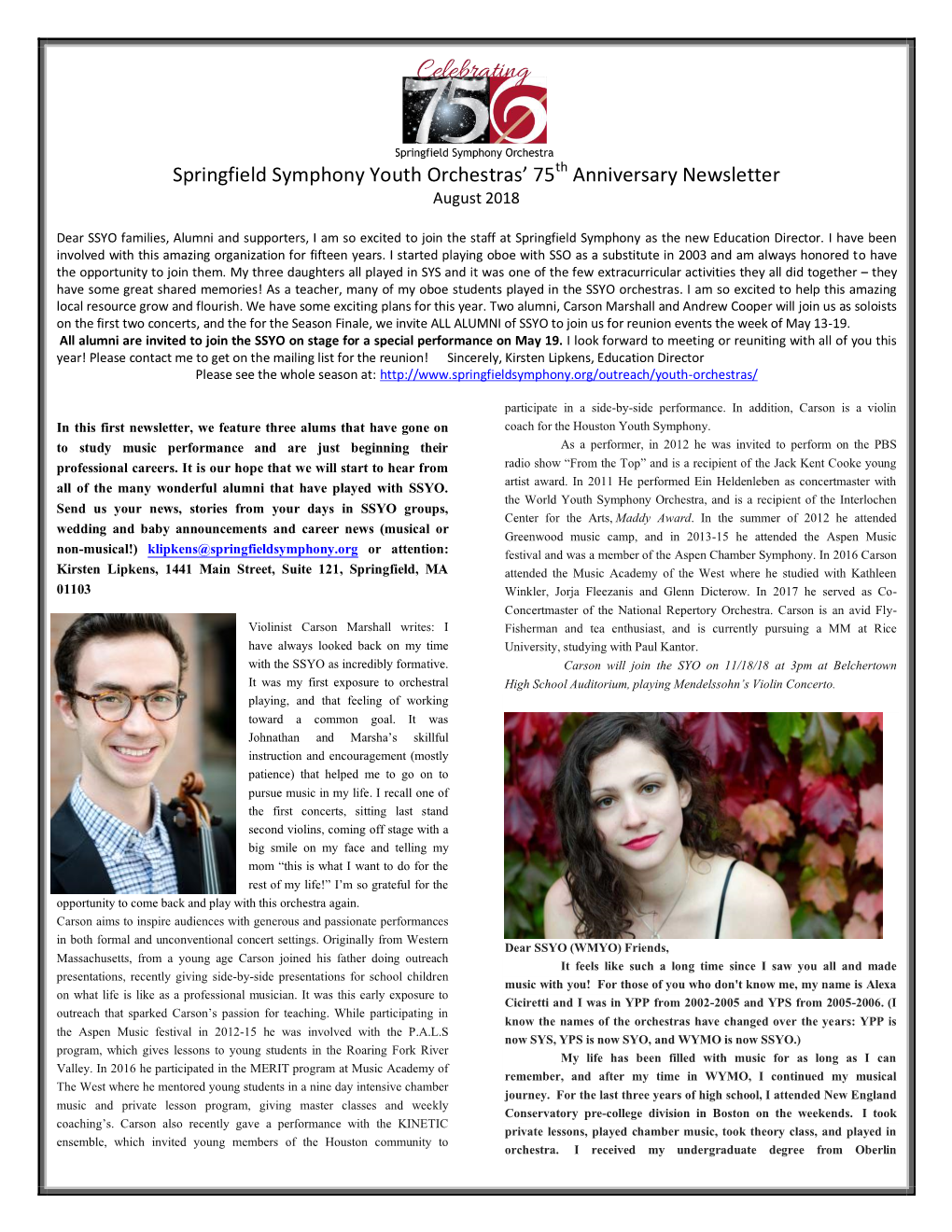 Springfield Symphony Youth Orchestras' 75 Anniversary Newsletter