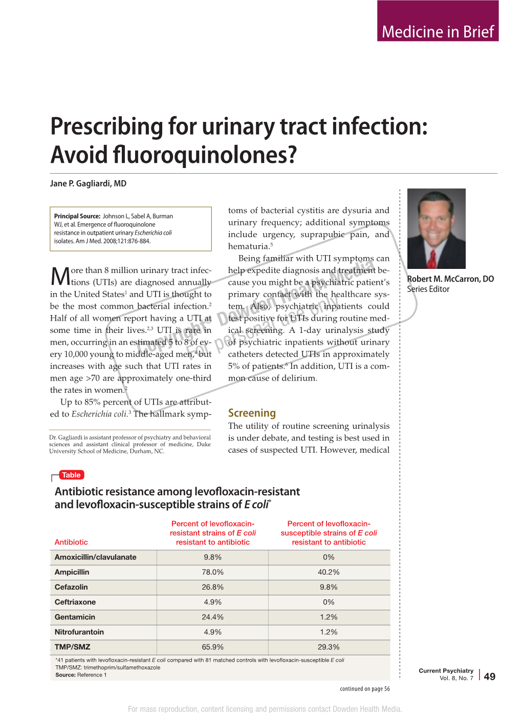 Prescribing for Urinary Tract Infection: Avoid Fluoroquinolones?