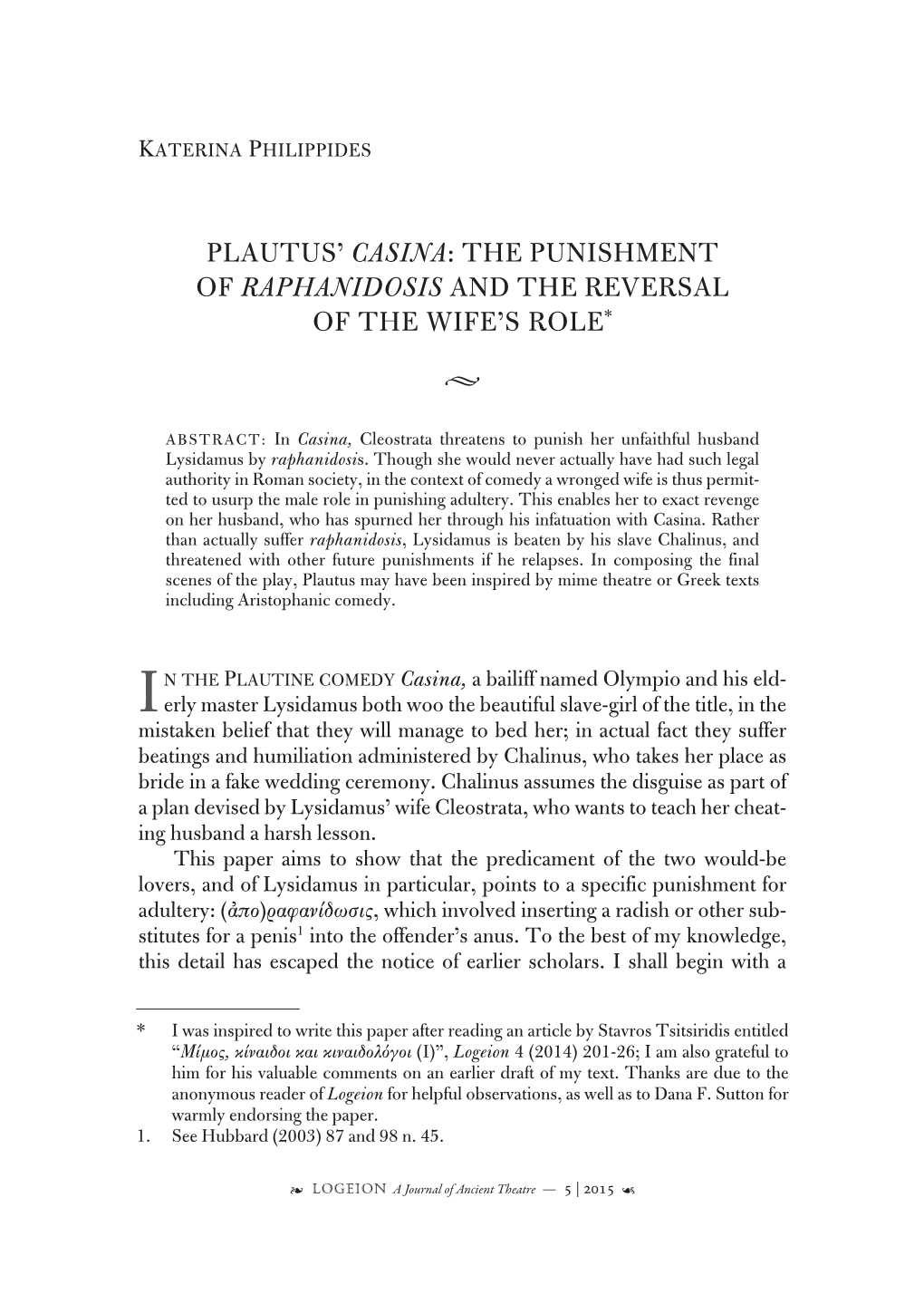 Plautus' Casina: the Punishment of Raphanidosis and the Reversal Of