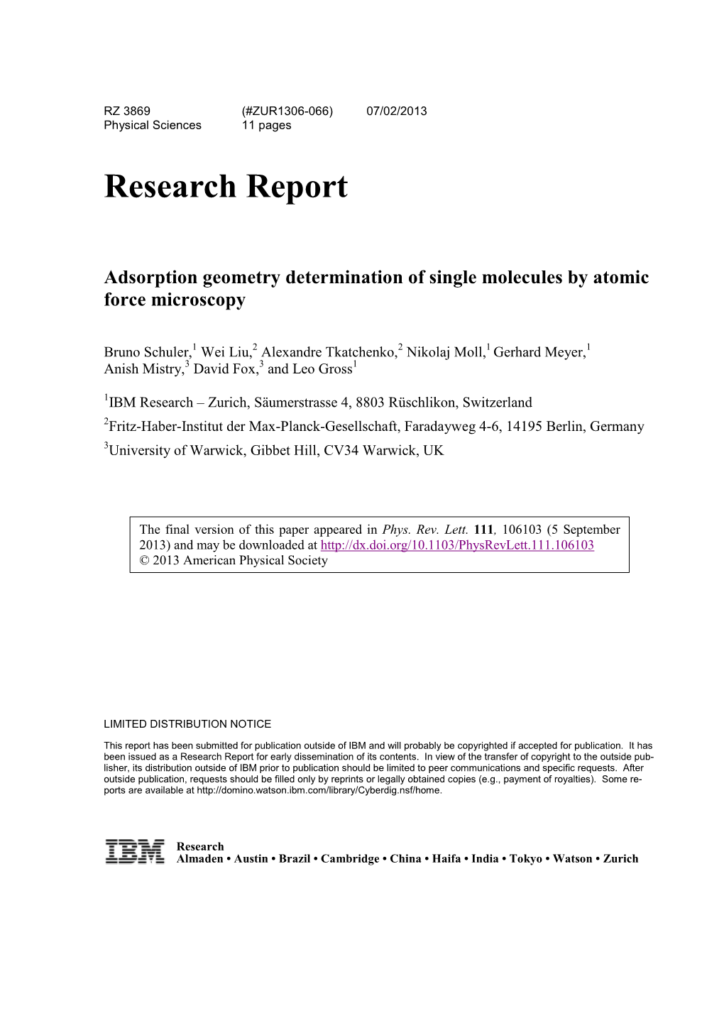 Research Report Adsorption Geometry Determination of Single Molecules by Atomic Force Microscopy