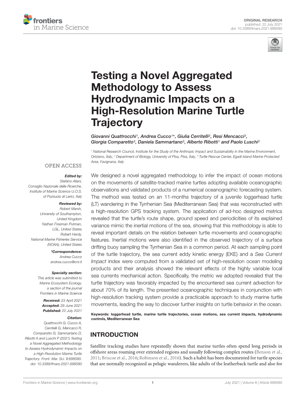 Testing a Novel Aggregated Methodology to Assess Hydrodynamic Impacts on a High-Resolution Marine Turtle Trajectory