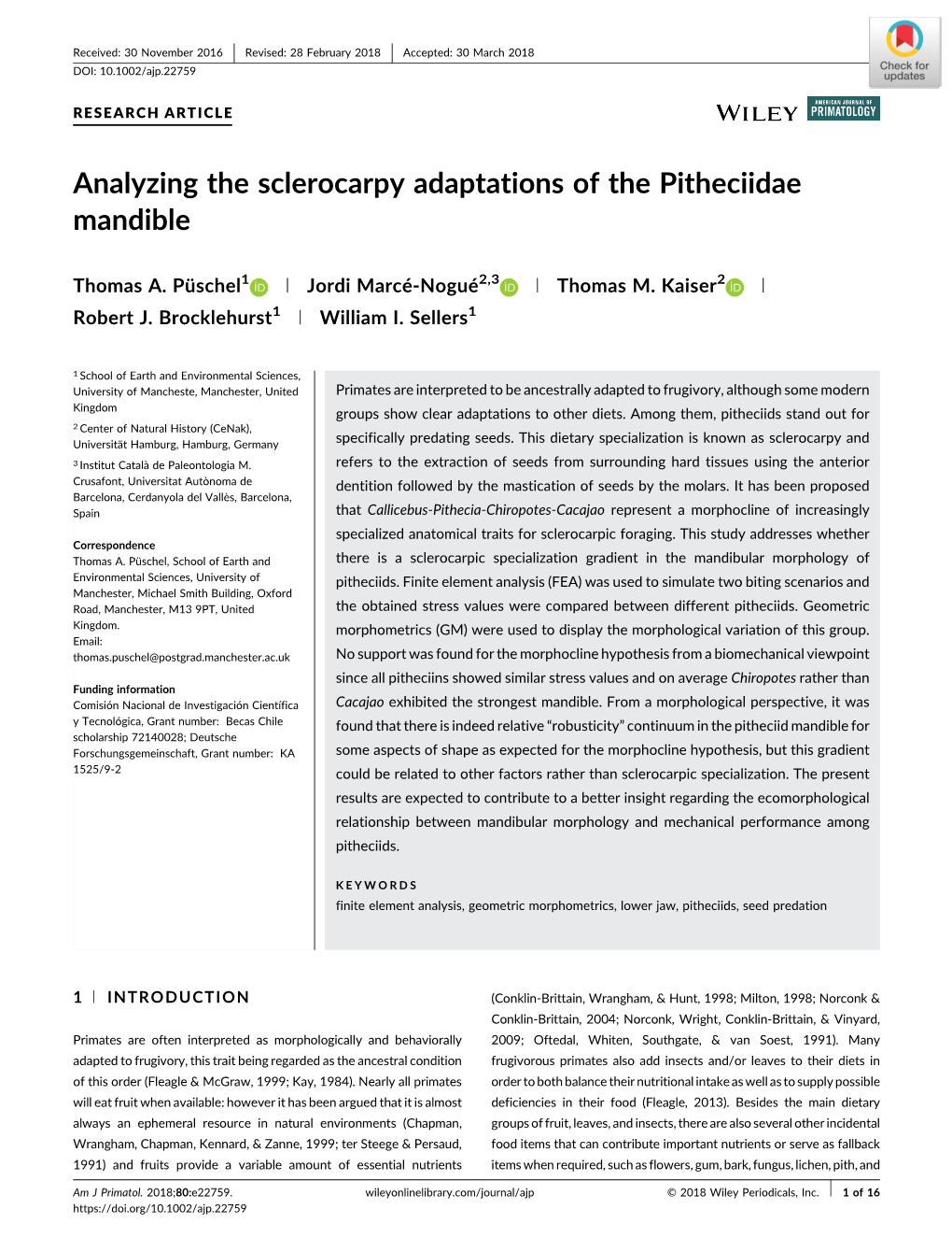 Analyzing the Sclerocarpy Adaptations of the Pitheciidae Mandible