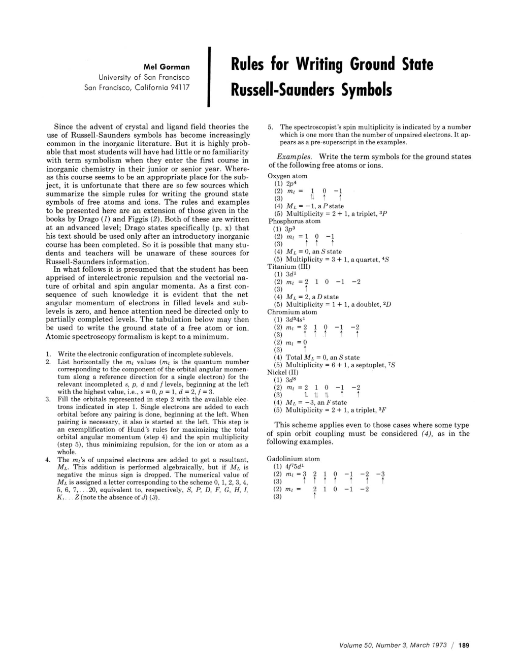 Rules for Writing Ground State Russell-Saunders Symbols