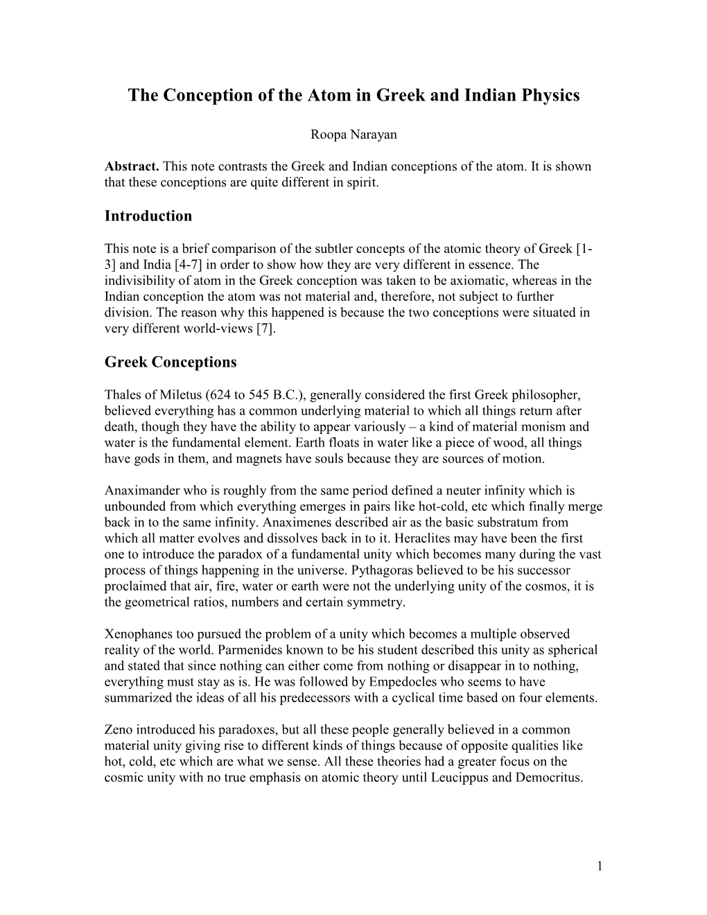 The Conception of the Atom in Greek and Indian Physics