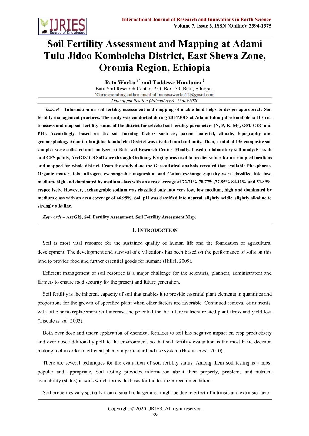 Soil Fertility Assessment and Mapping at Adami Tulu Jidoo Kombolcha District, East Shewa Zone, Oromia Region, Ethiopia