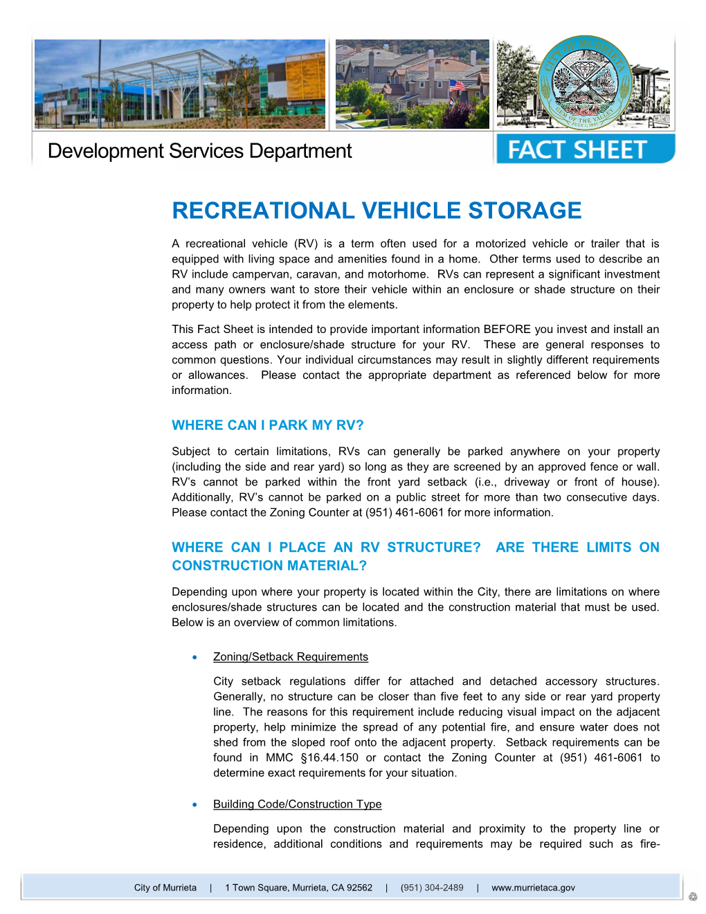 Fact Sheet Recreational Vehicles (RV) Structures