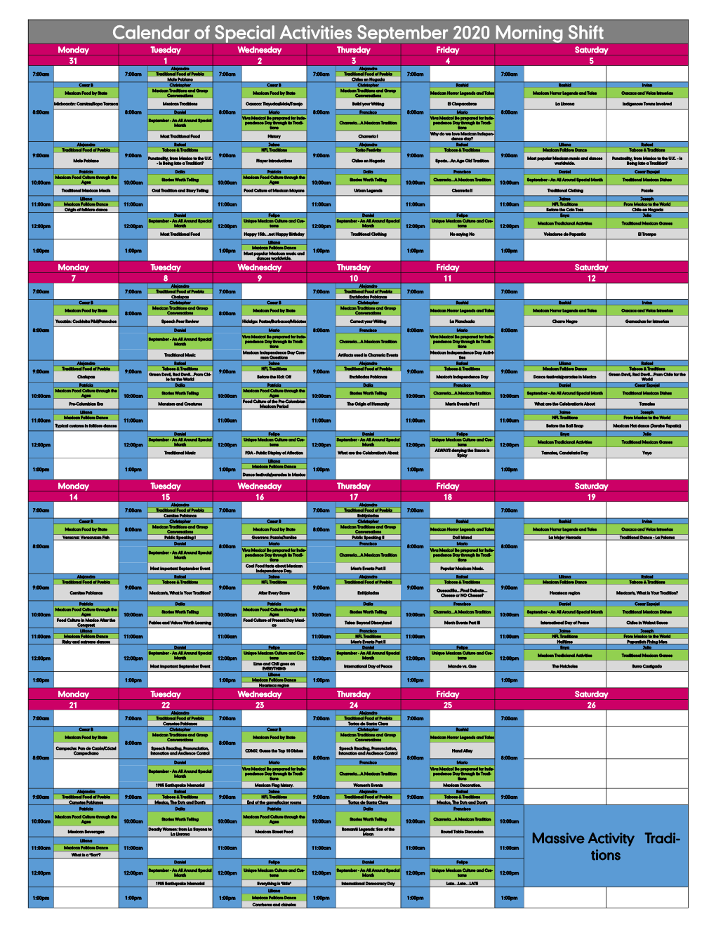 Calendar of Special Activities September 2020 Morning Shift