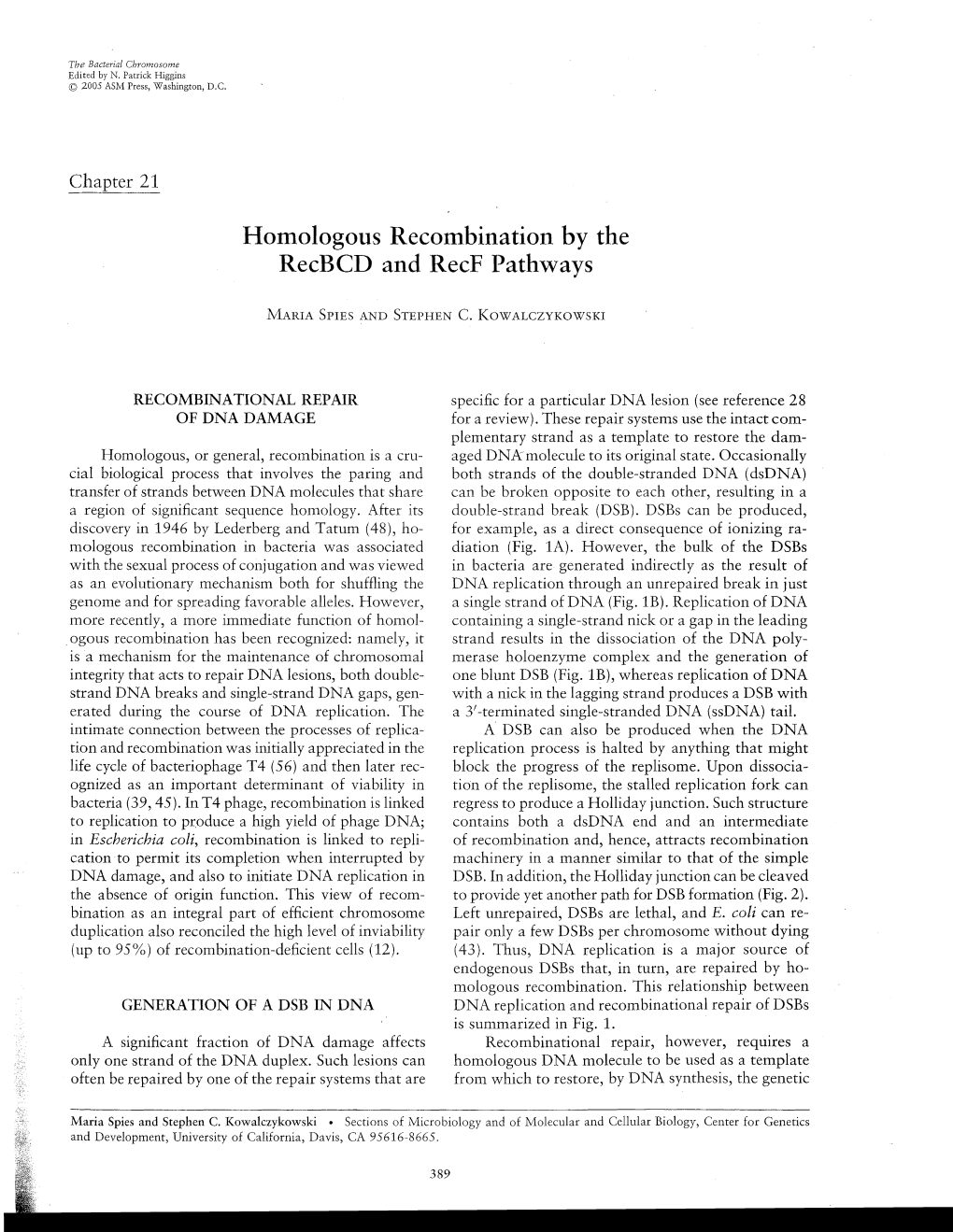 Homologous Recombination by the Recbcd and Recf Pathways