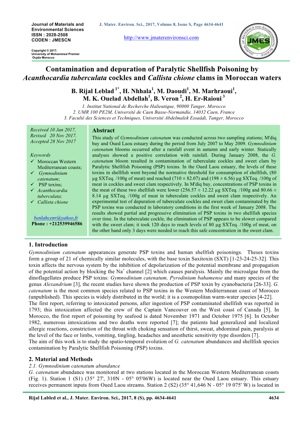 Contamination and Depuration of Paralytic Shellfish Poisoning by Acanthocardia Tuberculata Cockles and Callista Chione Clams in Moroccan Waters