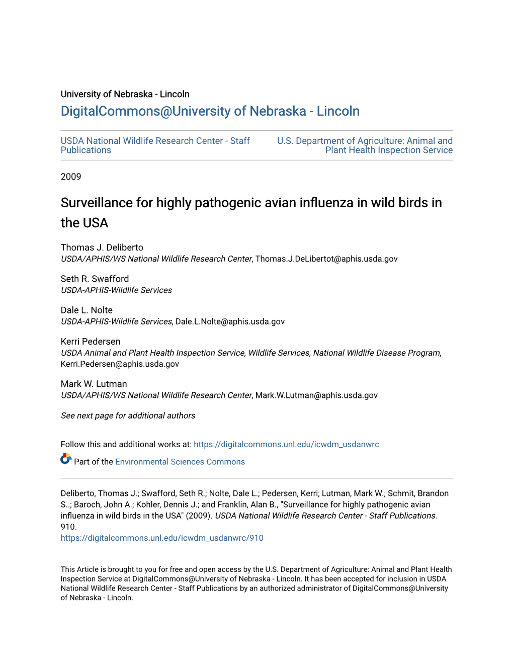 Surveillance for Highly Pathogenic Avian Influenza in Wild Birds in the USA