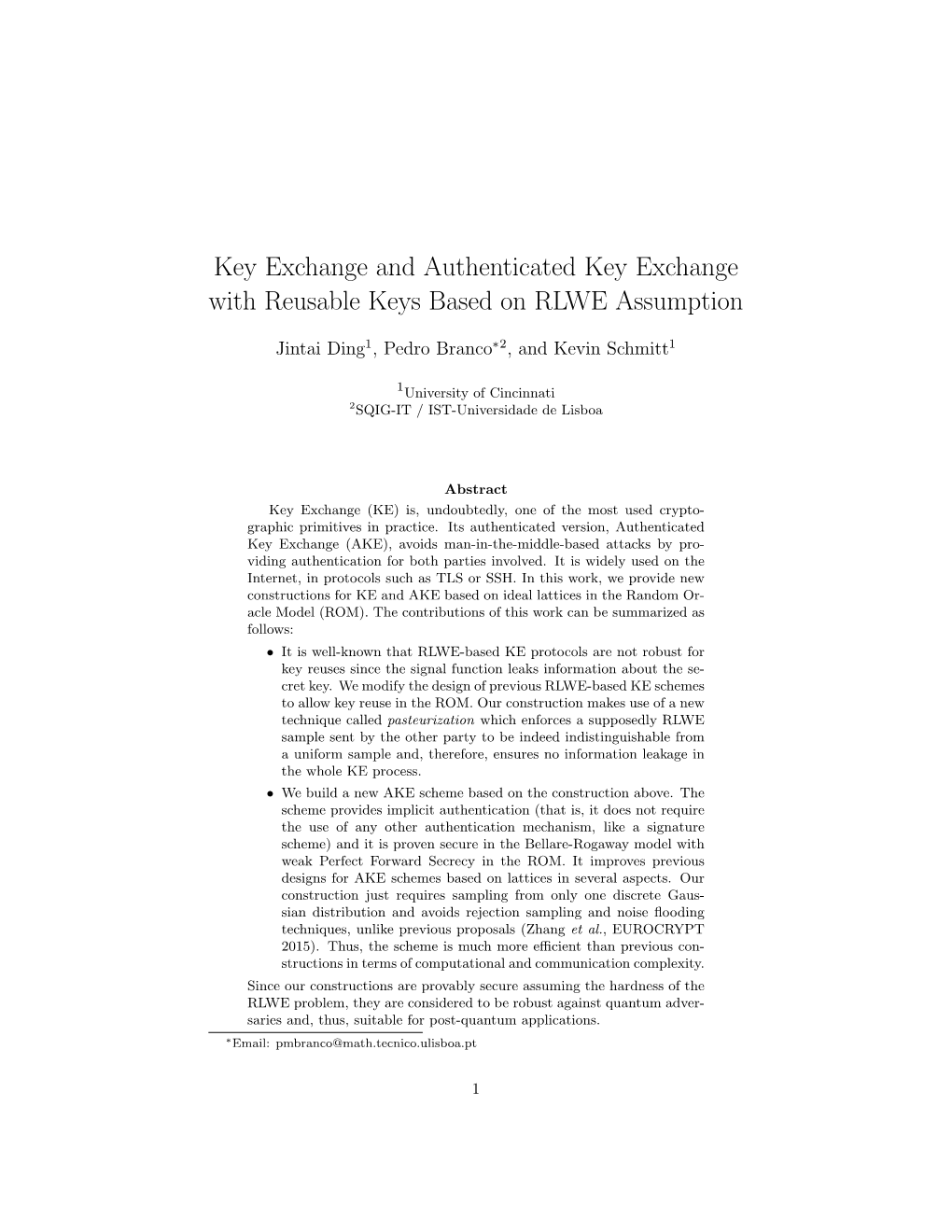 Key Exchange and Authenticated Key Exchange with Reusable Keys Based on RLWE Assumption