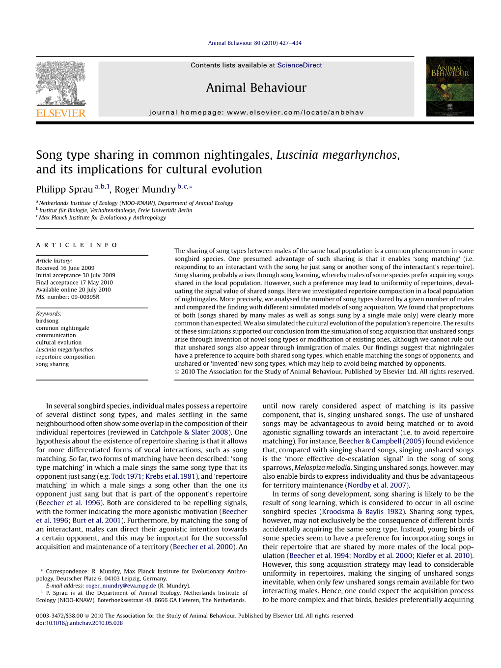 Song Type Sharing in Common Nightingales, Luscinia Megarhynchos, and Its Implications for Cultural Evolution