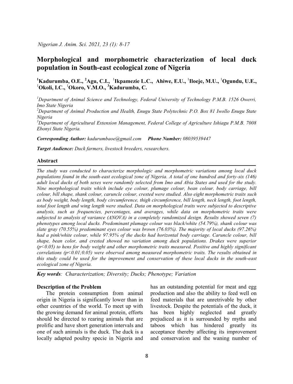 Morphological and Morphometric Characterization of Local Duck Population in South-East Ecological Zone of Nigeria