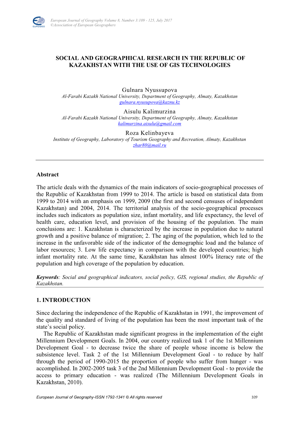 Social and Geographical Research in the Republic of Kazakhstan with the Use of Gis Technologies