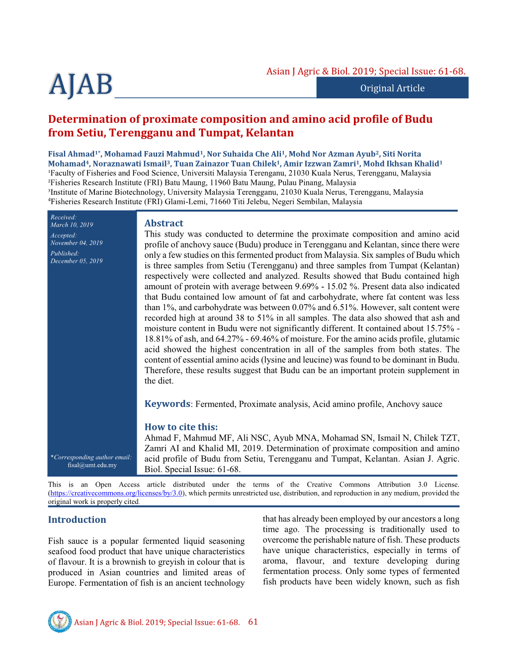 Determination of Proximate Composition and Amino Acid Profile of Budu from Setiu, Terengganu and Tumpat, Kelantan