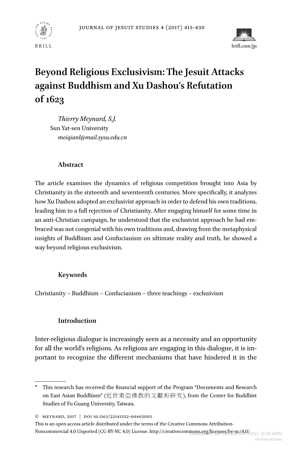 Beyond Religious Exclusivism: the Jesuit Attacks Against Buddhism and Xu Dashou’S Refutation of 1623