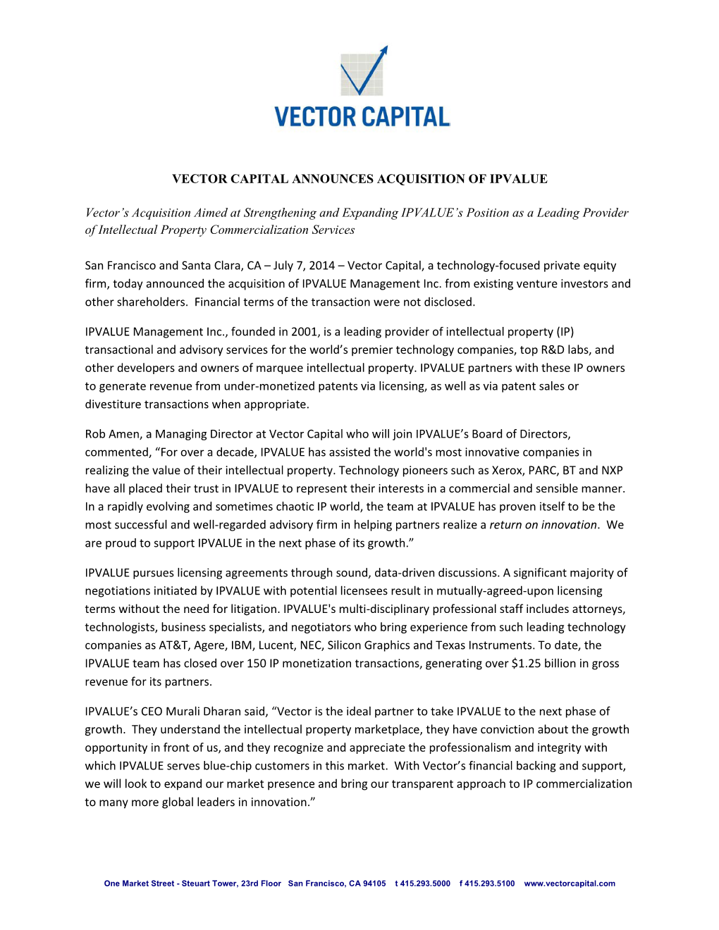 Vector Capital Announces Acquisition of Ipvalue