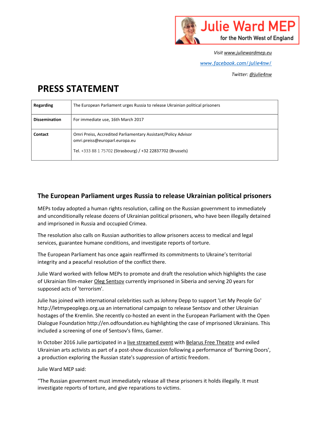 MEP Julie Ward Press Statement