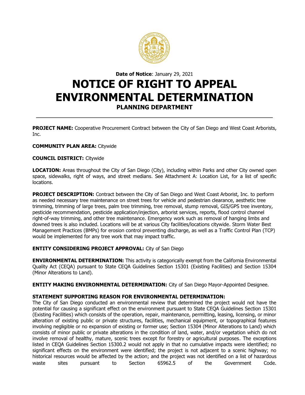 Notice of Right to Appeal Environmental Determination Planning Department