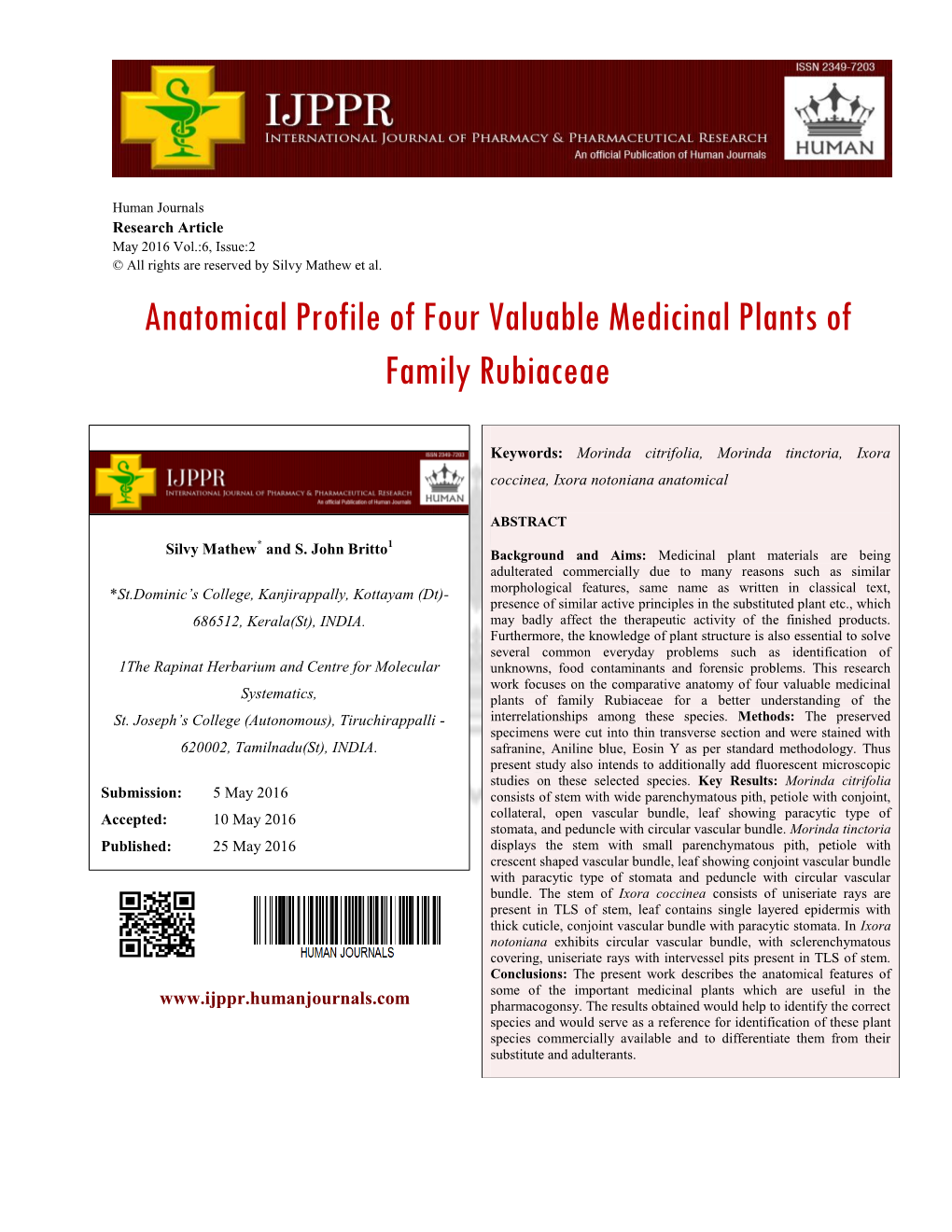 Anatomical Profile of Four Valuable Medicinal Plants of Family Rubiaceae