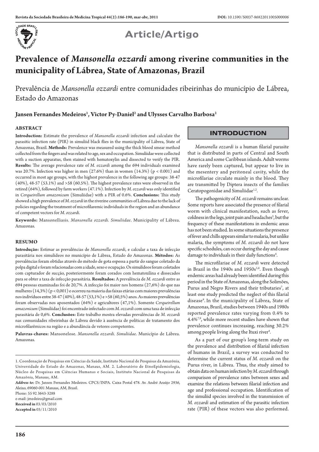 Mansonella Ozzardi Among Riverine Communities in the Municipality of Lábrea, State of Amazonas, Brazil