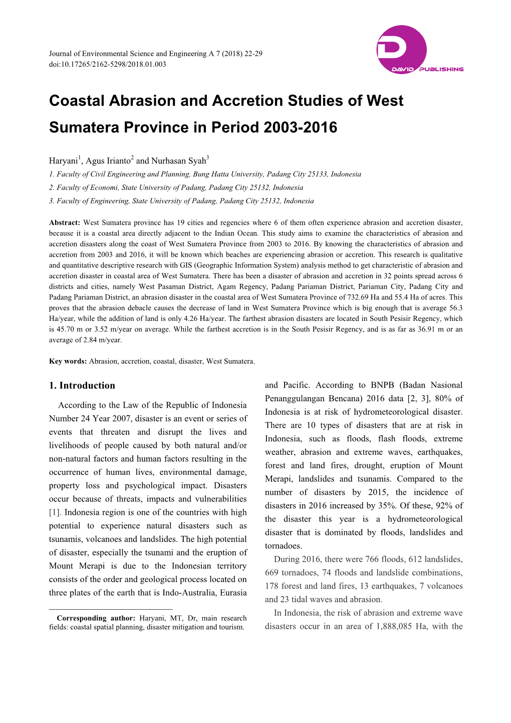 Coastal Abrasion and Accretion Studies of West Sumatera Province in Period 2003-2016