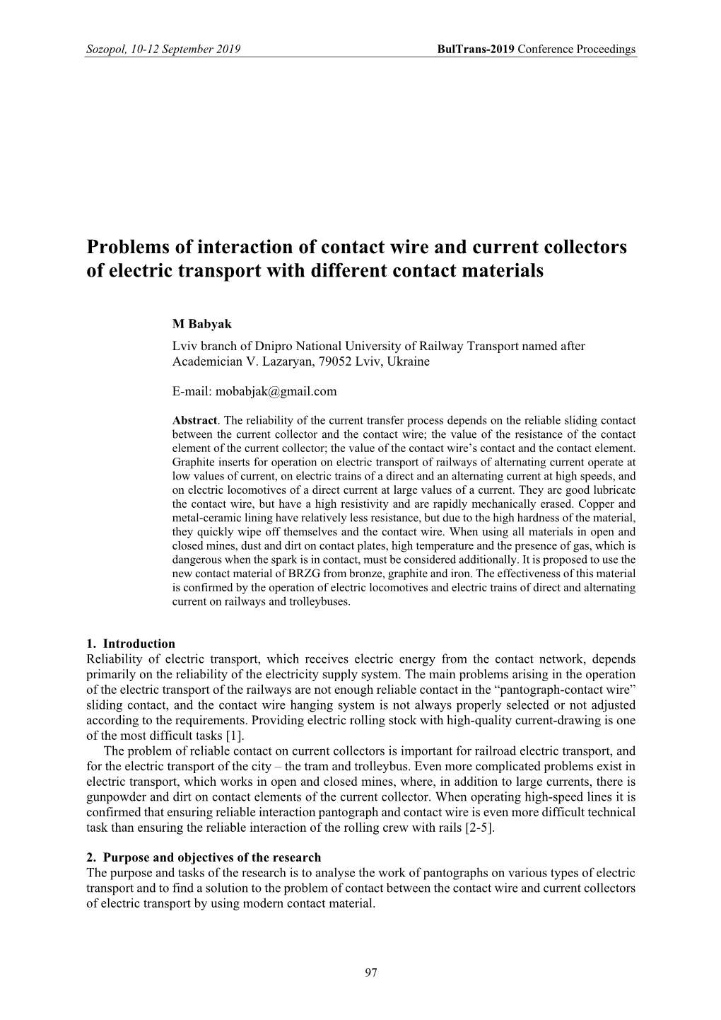 Problems of Interaction of Contact Wire and Current Collectors of Electric Transport with Different Contact Materials