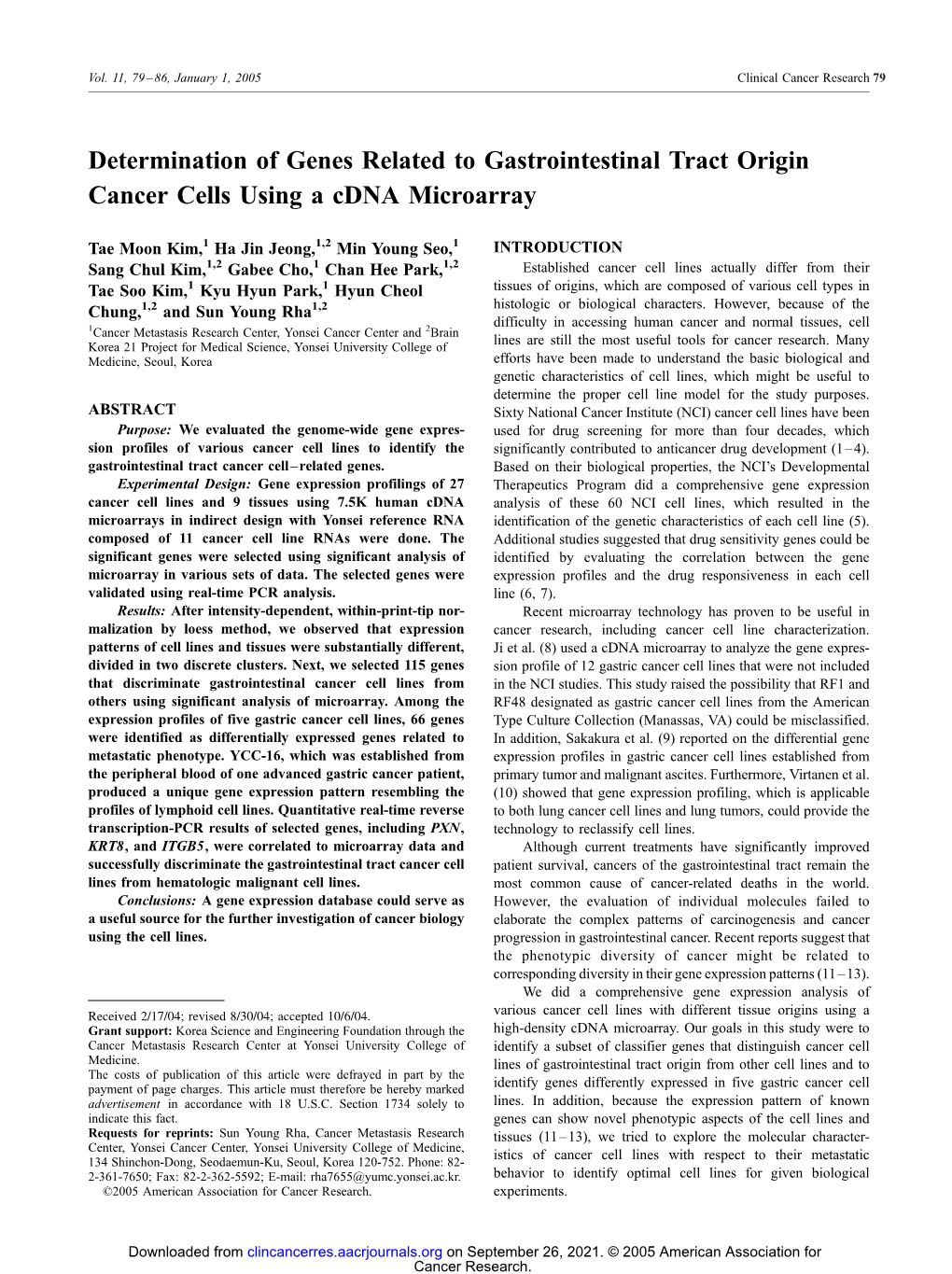 Determination of Genes Related to Gastrointestinal Tract Origin Cancer Cells Using a Cdna Microarray