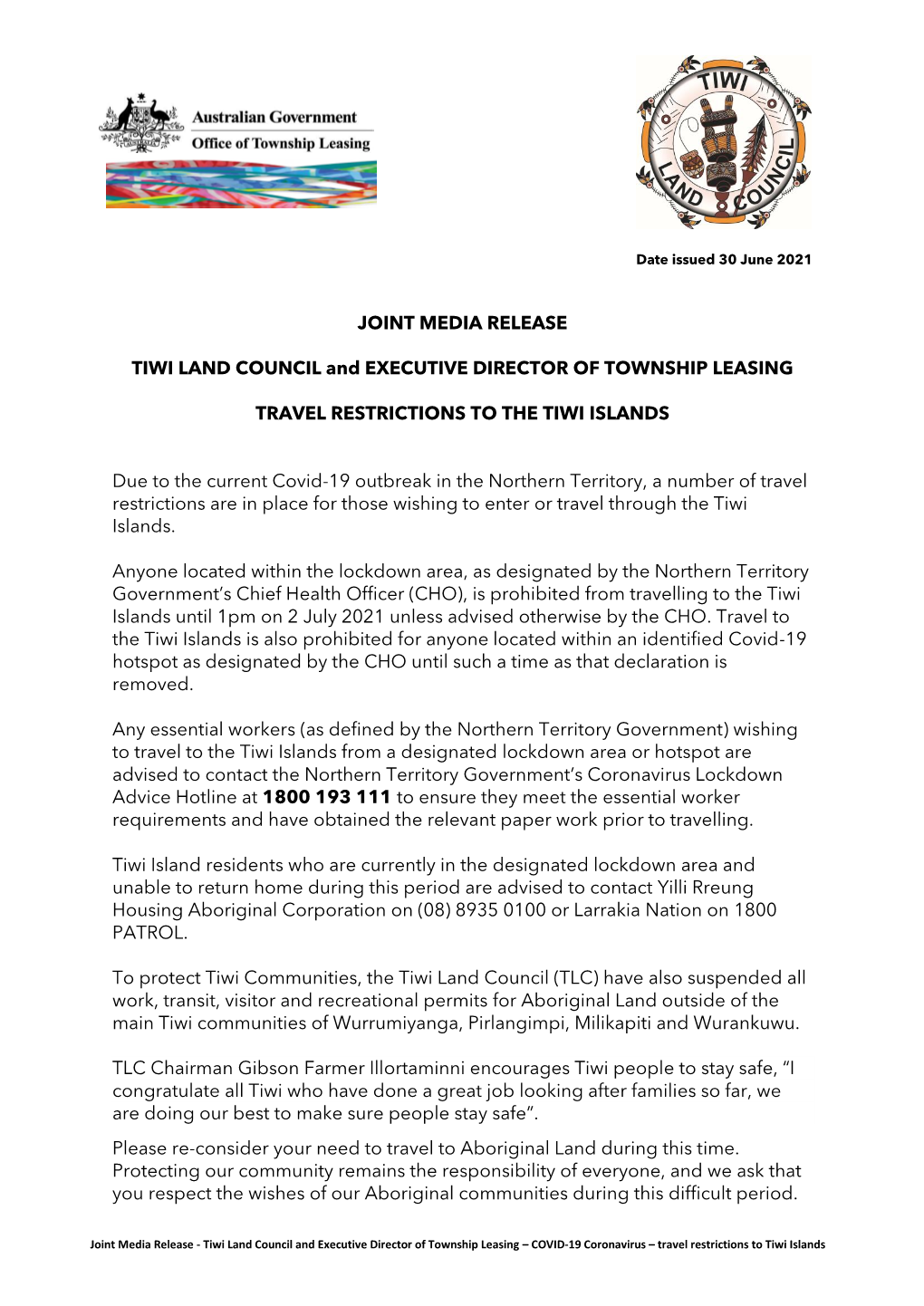 JOINT MEDIA RELEASE TIWI LAND COUNCIL and EXECUTIVE