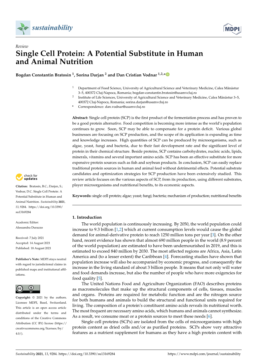 Single Cell Protein: a Potential Substitute in Human and Animal Nutrition