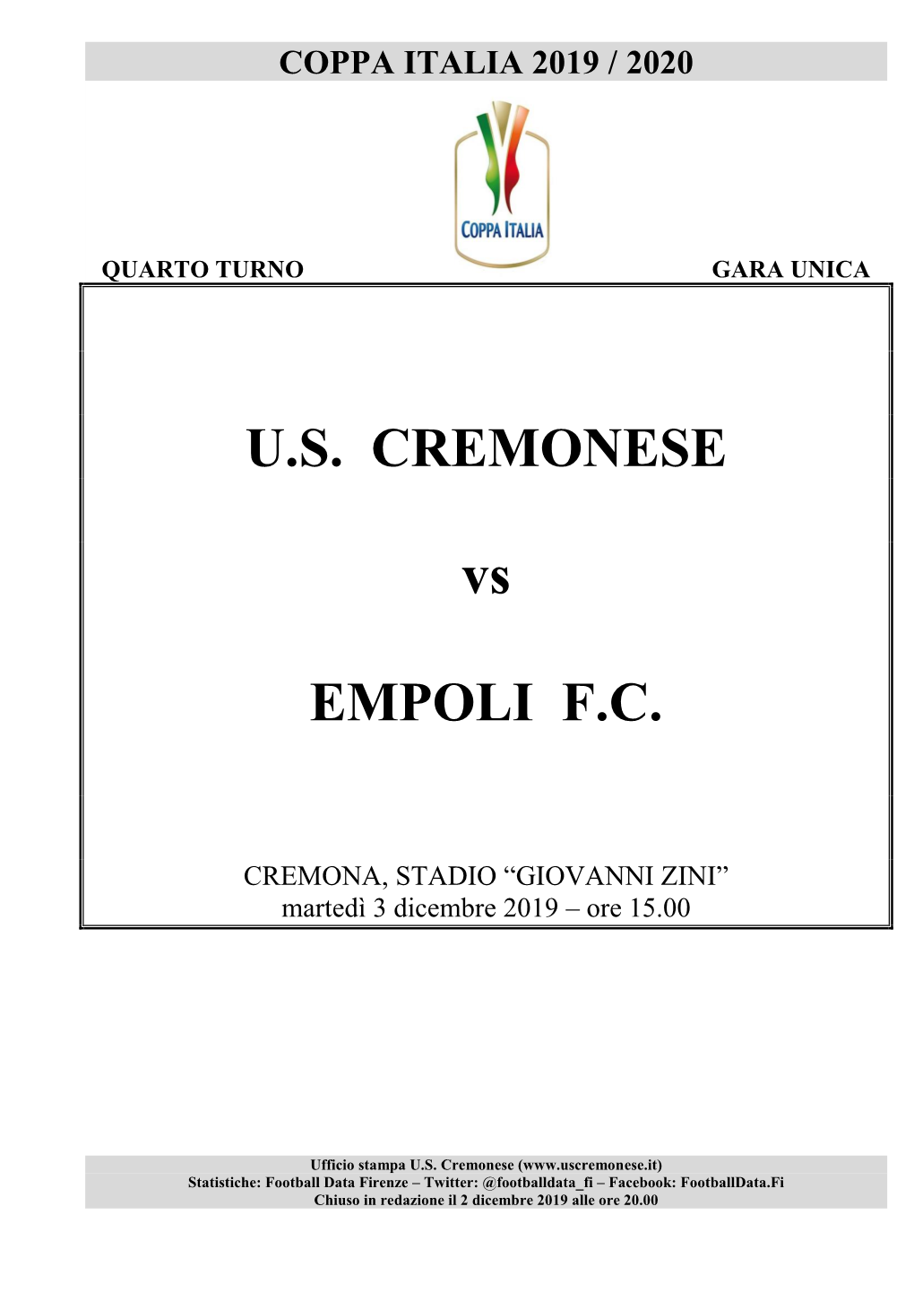 Cremonese-Empoli – 4° Turno Coppa Italia