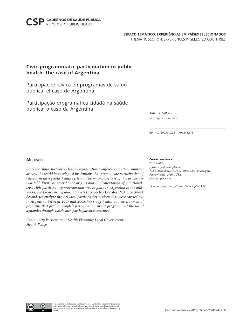 Civic Programmatic Participation in Public Health: the Case of Argentina Participación Cívica En Programas De Salud Pública