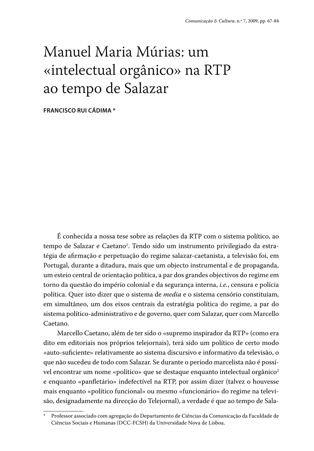 Manuel Maria Múrias: Um «Intelectual Orgânico» Na RTP Ao Tempo De Salazar