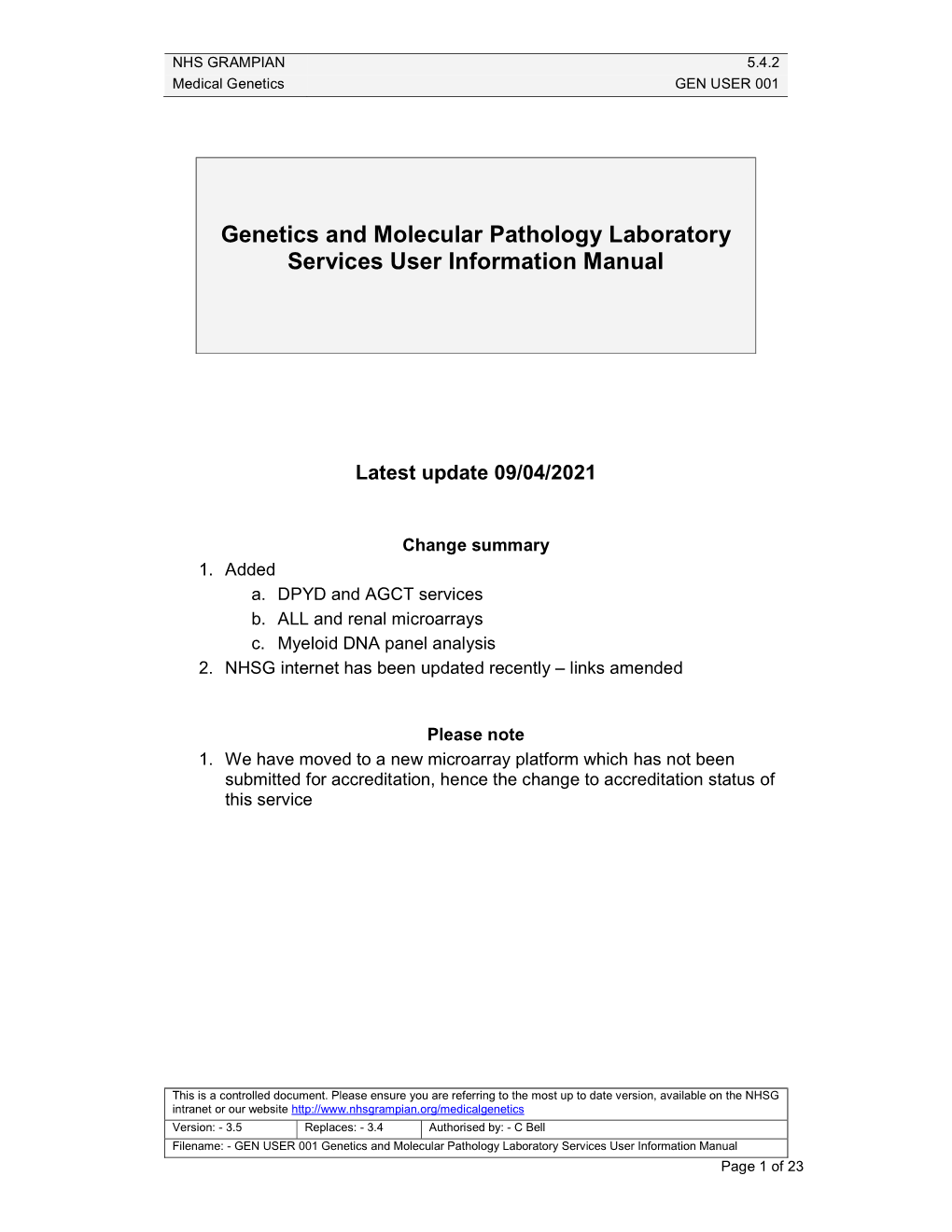 Genetics and Molecular Pathology Laboratory Services User Information Manual