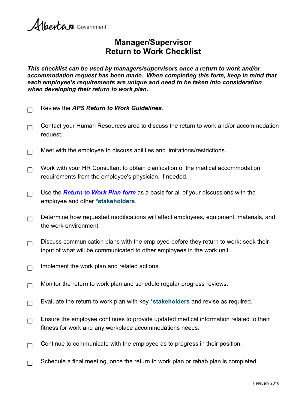 Return to Work Checklist