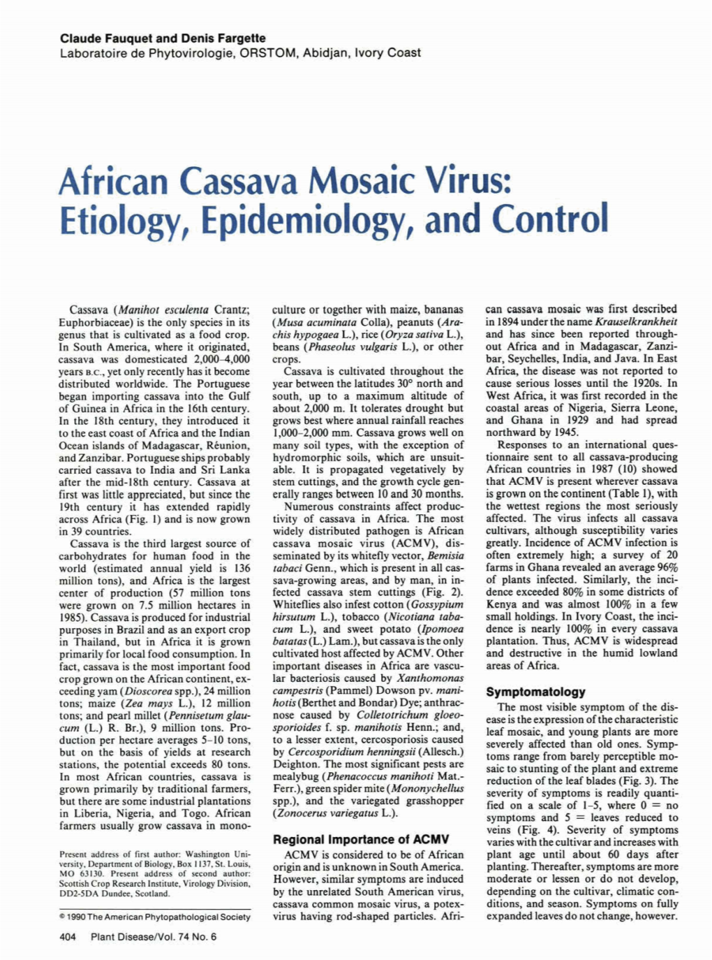 African Cassava Mosaic Virus: Etiology, Epidemiology, and Control