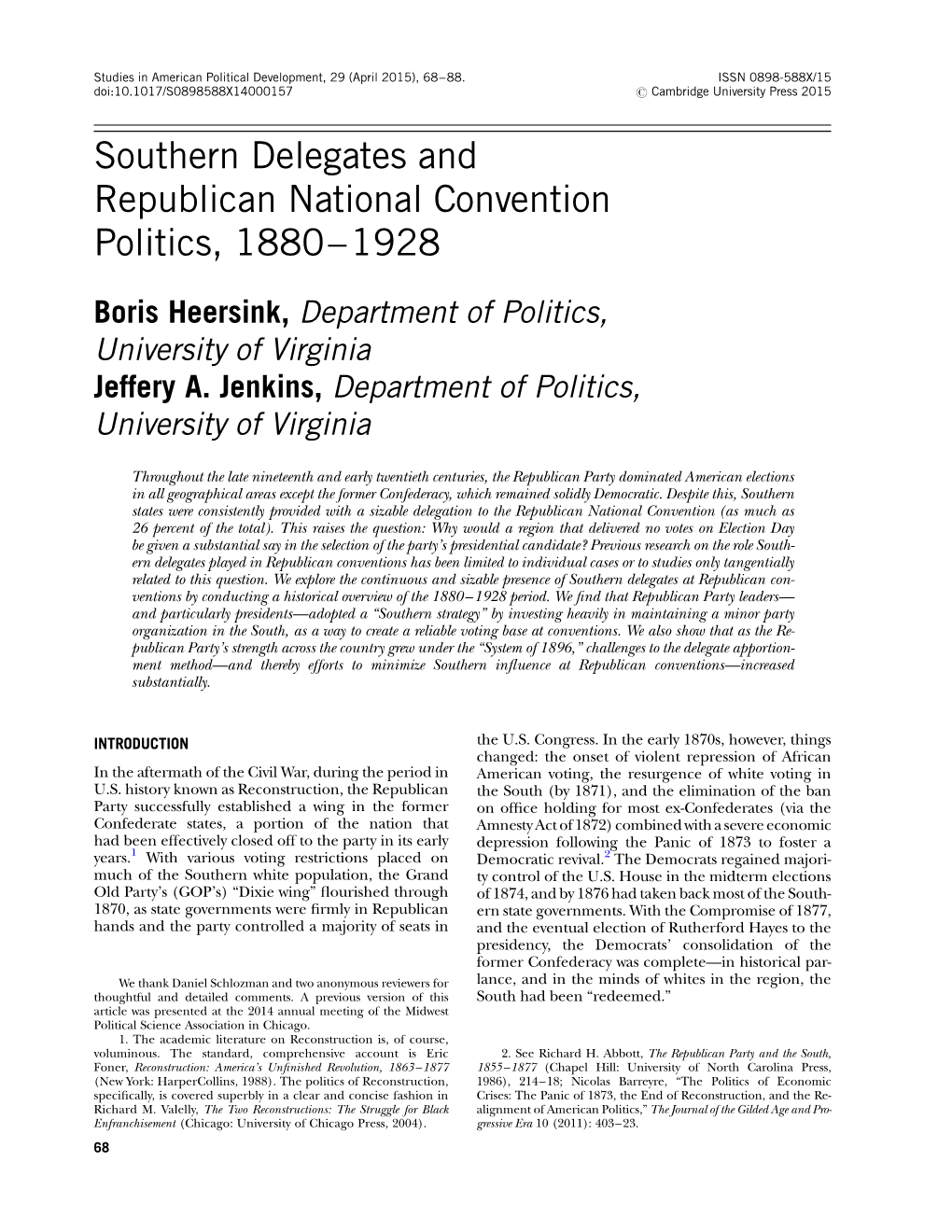 Southern Delegates and Republican National Convention Politics, 1880–1928