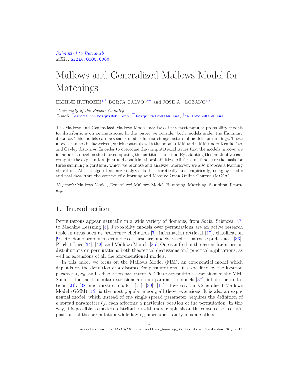 Mallows and Generalized Mallows Model for Matchings