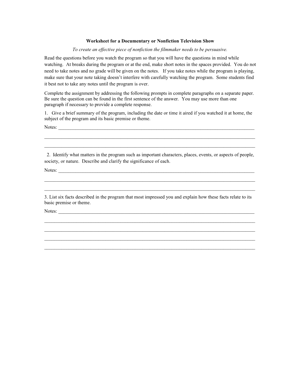 Worksheet for a Documentary Or Nonfiction Television Show