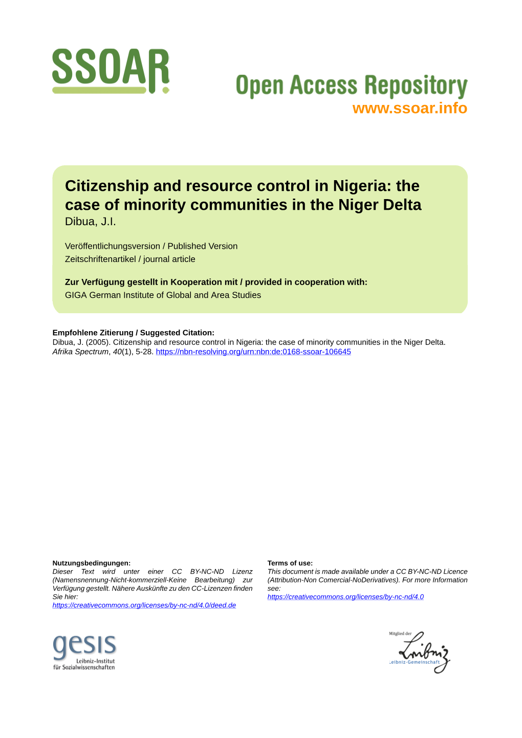 Citizenship and Resource Control in Nigeria: the Case of Minority Communities in the Niger Delta Dibua, J.I
