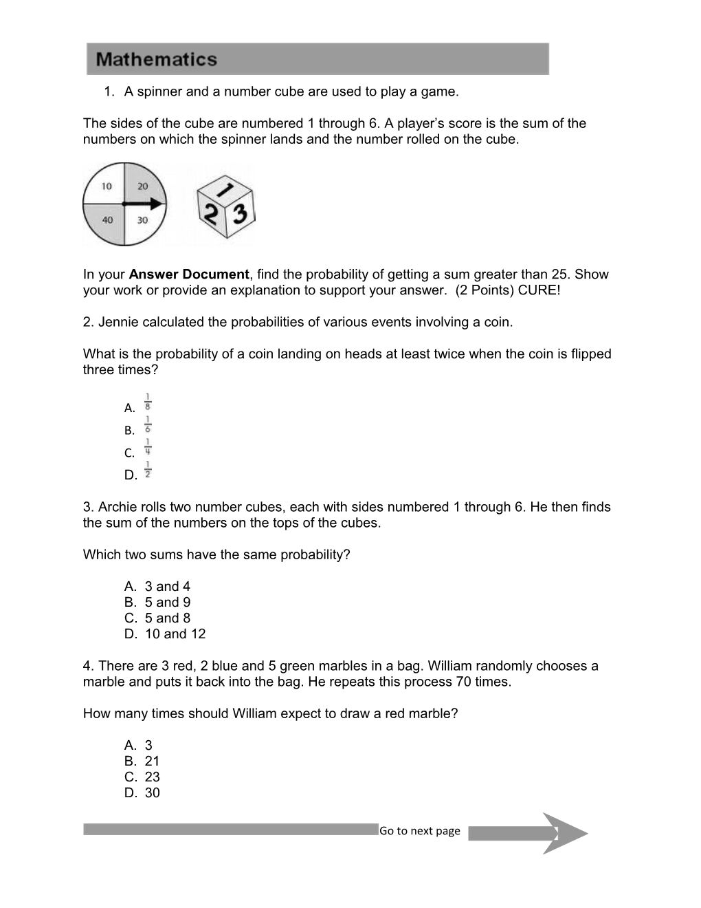 1. a Spinner and a Number Cube Are Used to Play a Game