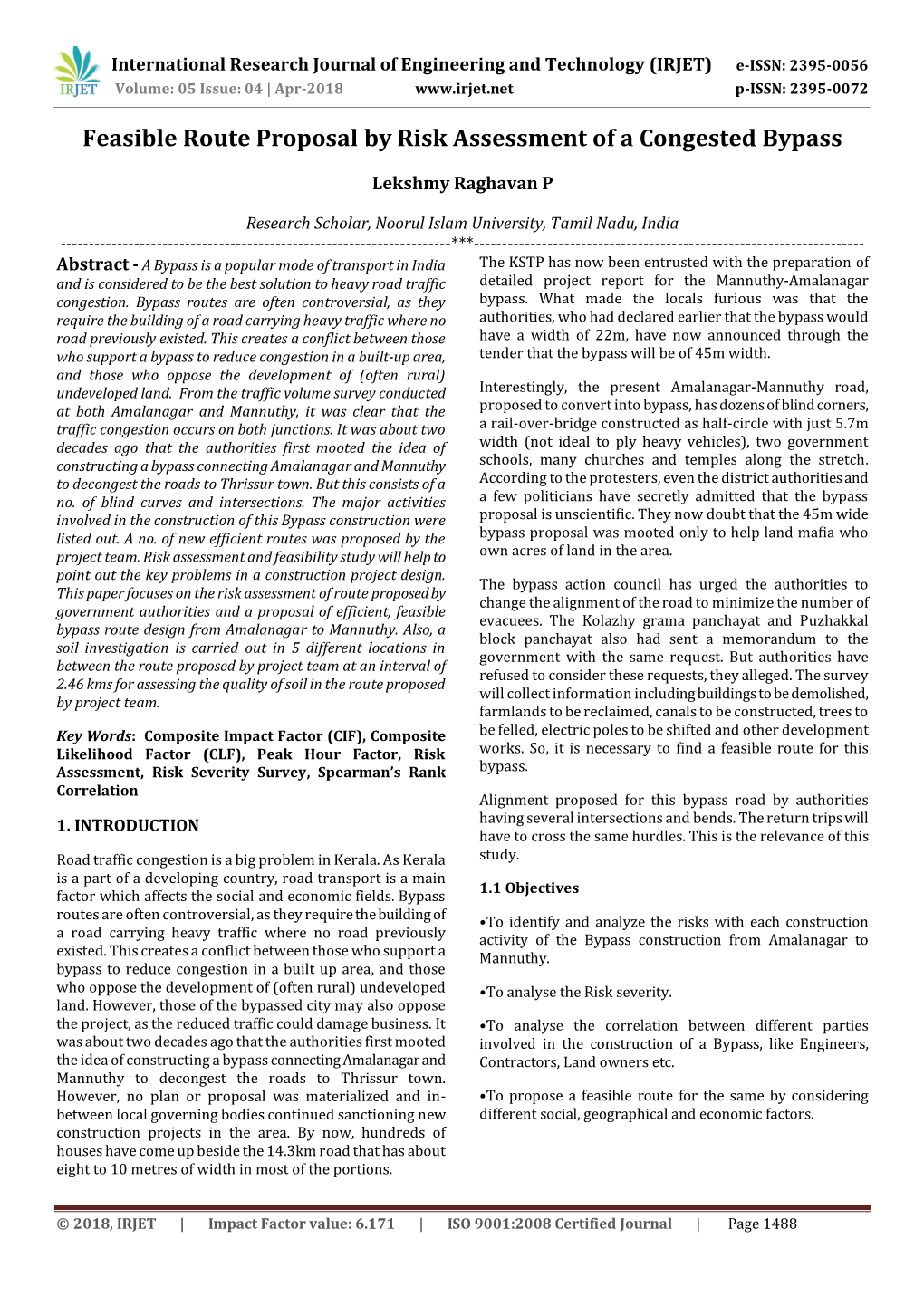 Feasible Route Proposal by Risk Assessment of a Congested Bypass