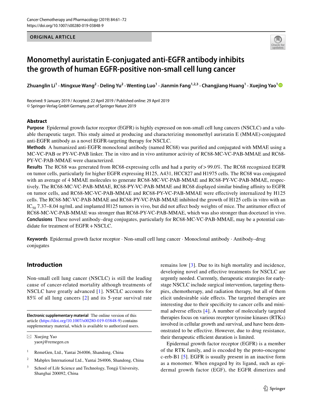 Monomethyl Auristatin E-Conjugated Anti-EGFR Antibody Inhibits The