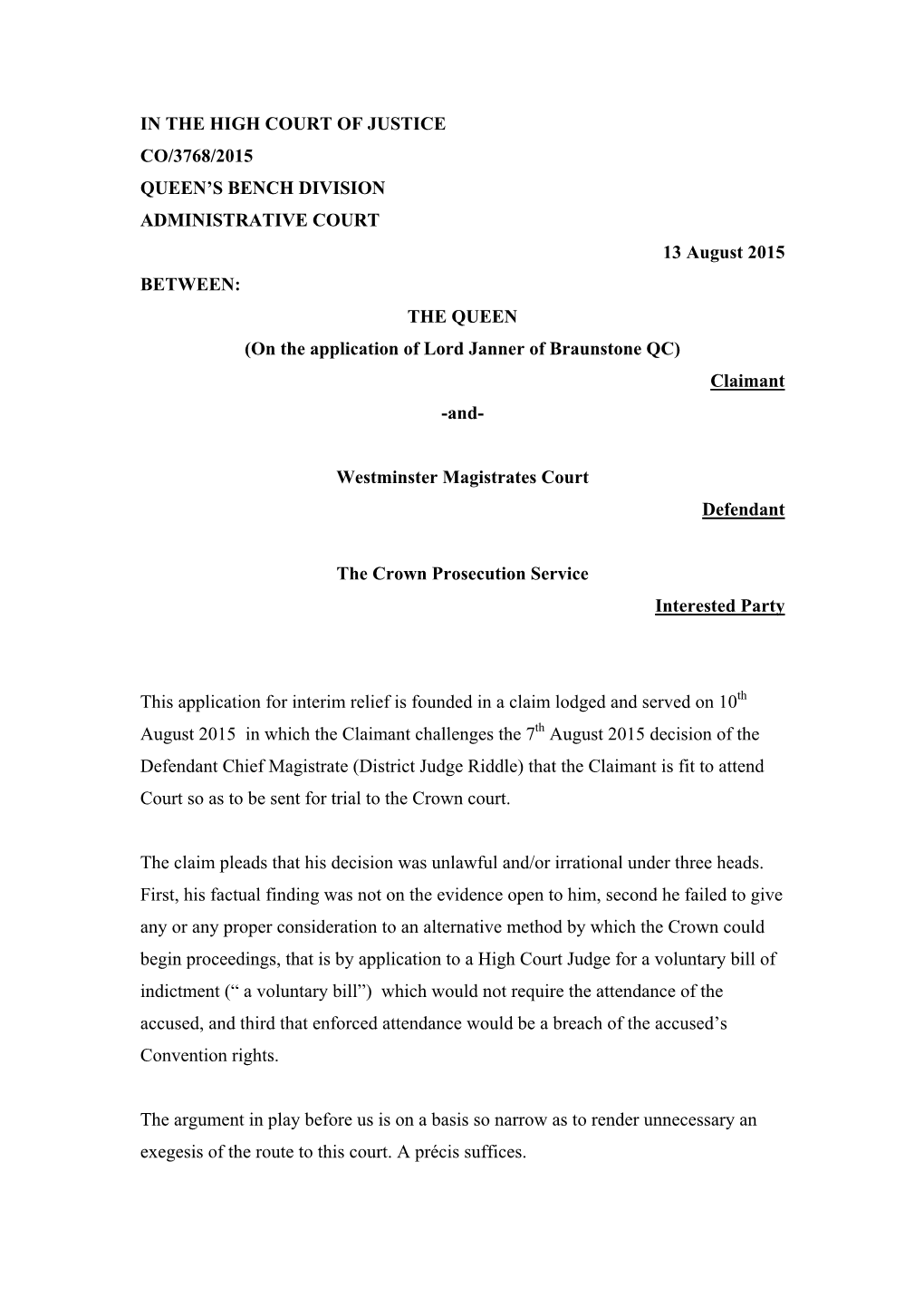 R (Lord Janner) V Westminster Magistrates Court And