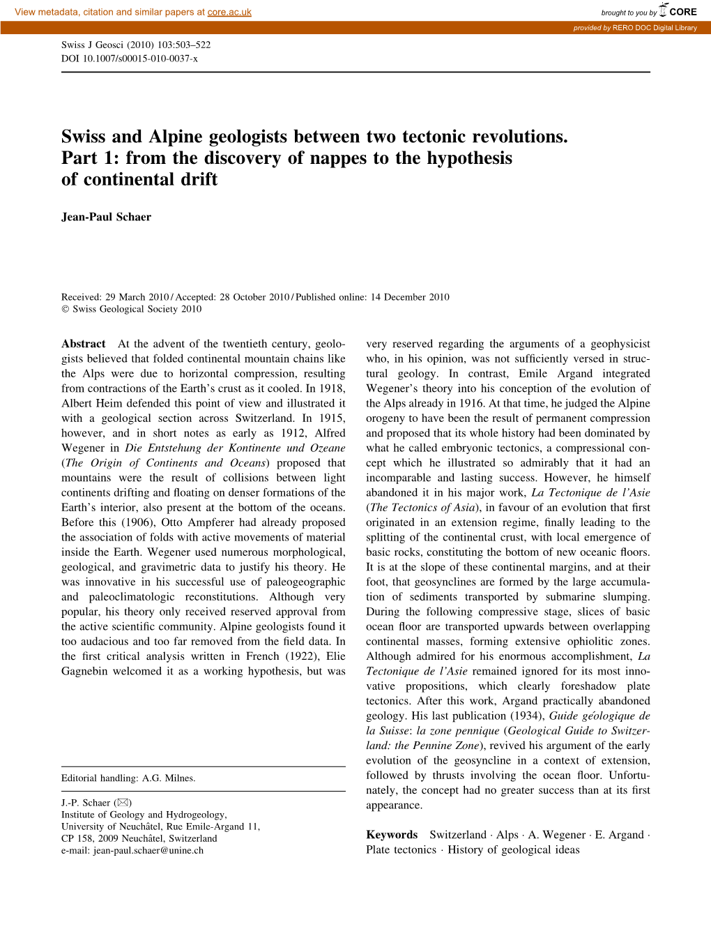 Swiss and Alpine Geologists Between Two Tectonic Revolutions