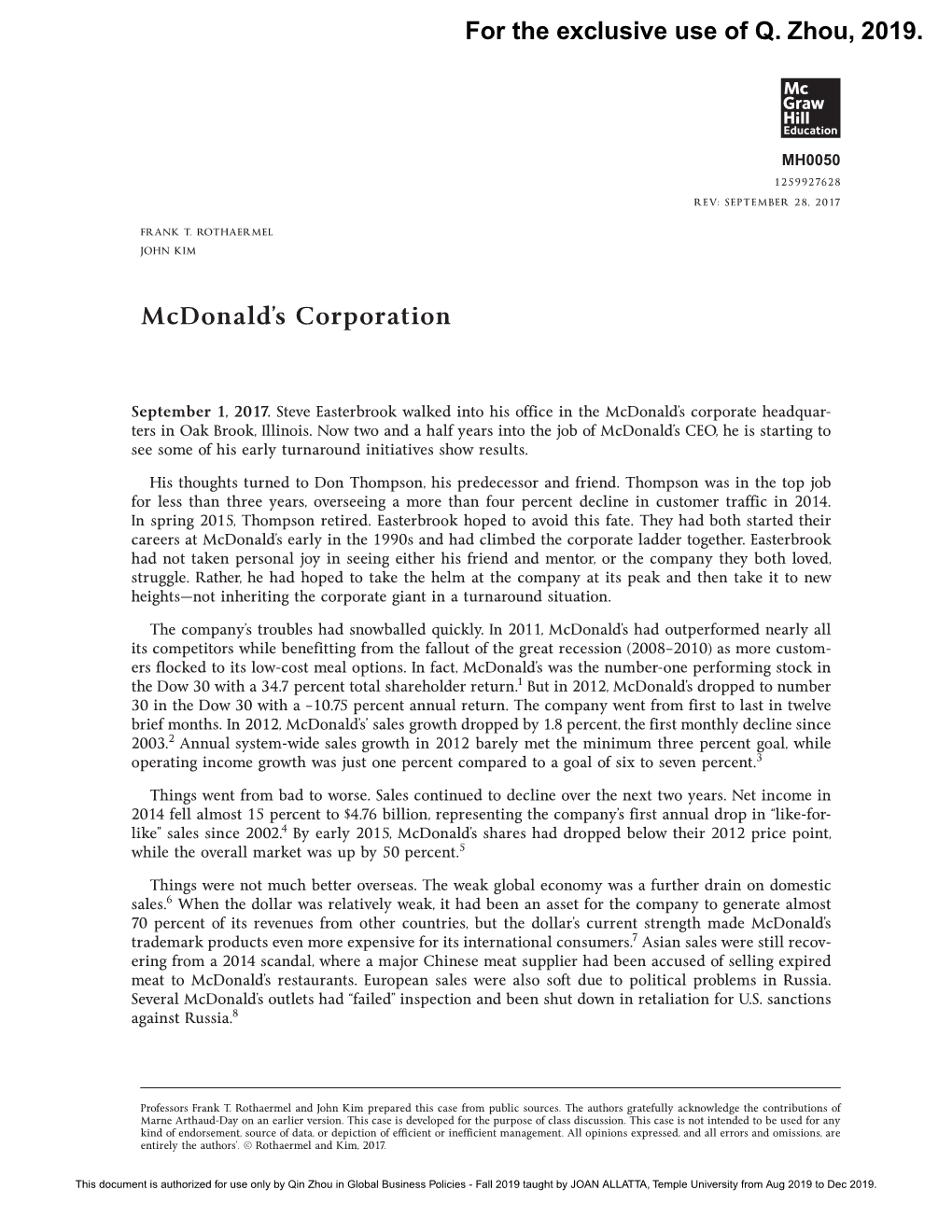 Mcdonald's Corporation