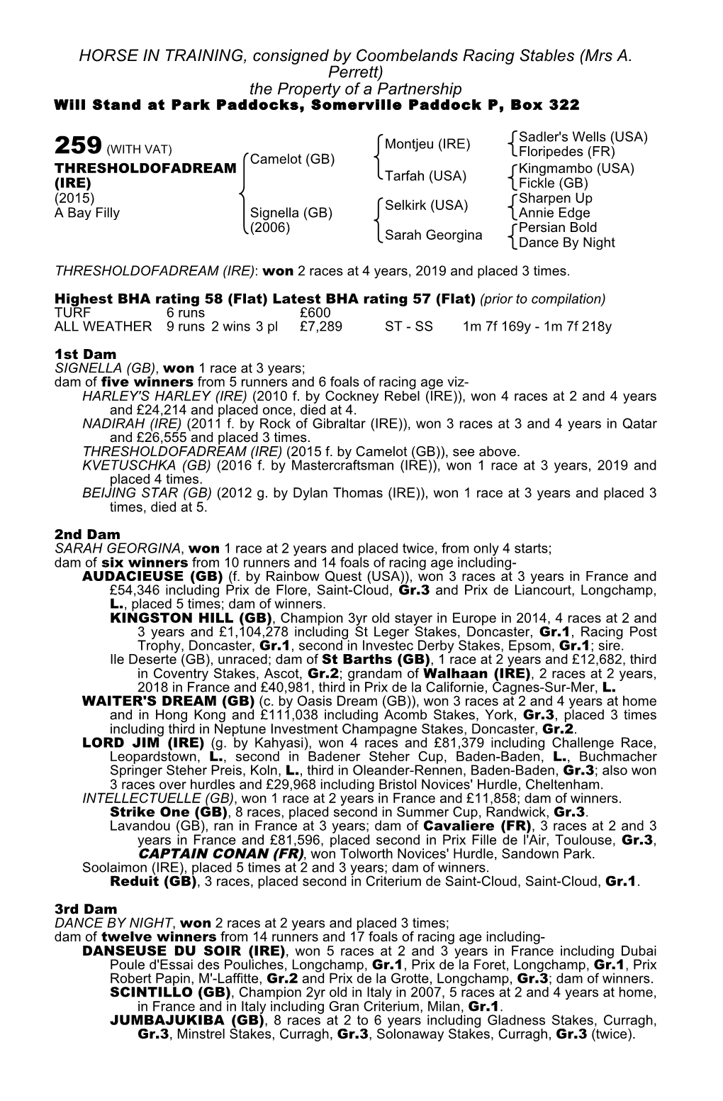 HORSE in TRAINING, Consigned by Coombelands Racing Stables (Mrs A. Perrett) the Property of a Partnership Will Stand at Park Paddocks, Somerville Paddock P, Box 322